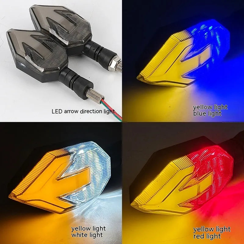 Arrow-shaped LED motorcycle directional turn signal light for 12V systems.