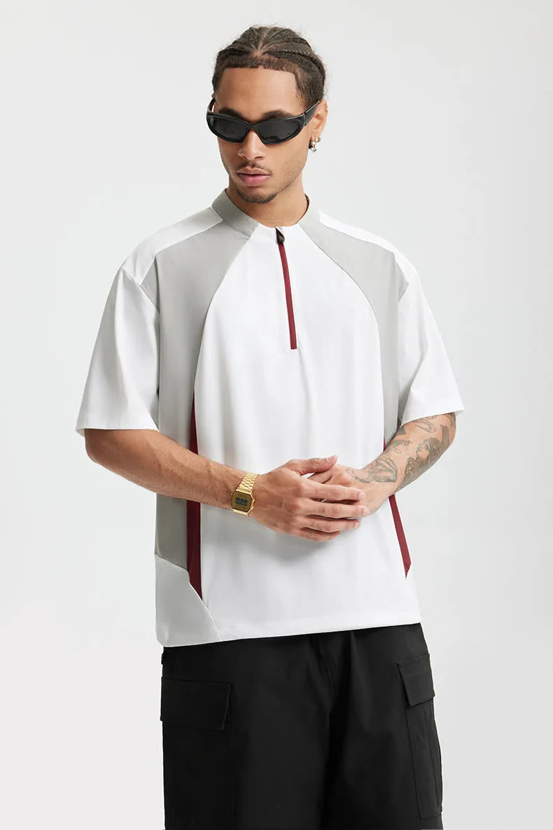 Men's solid colour polyester top with stitching detail, shown in black and beige with both long and short sleeve options
