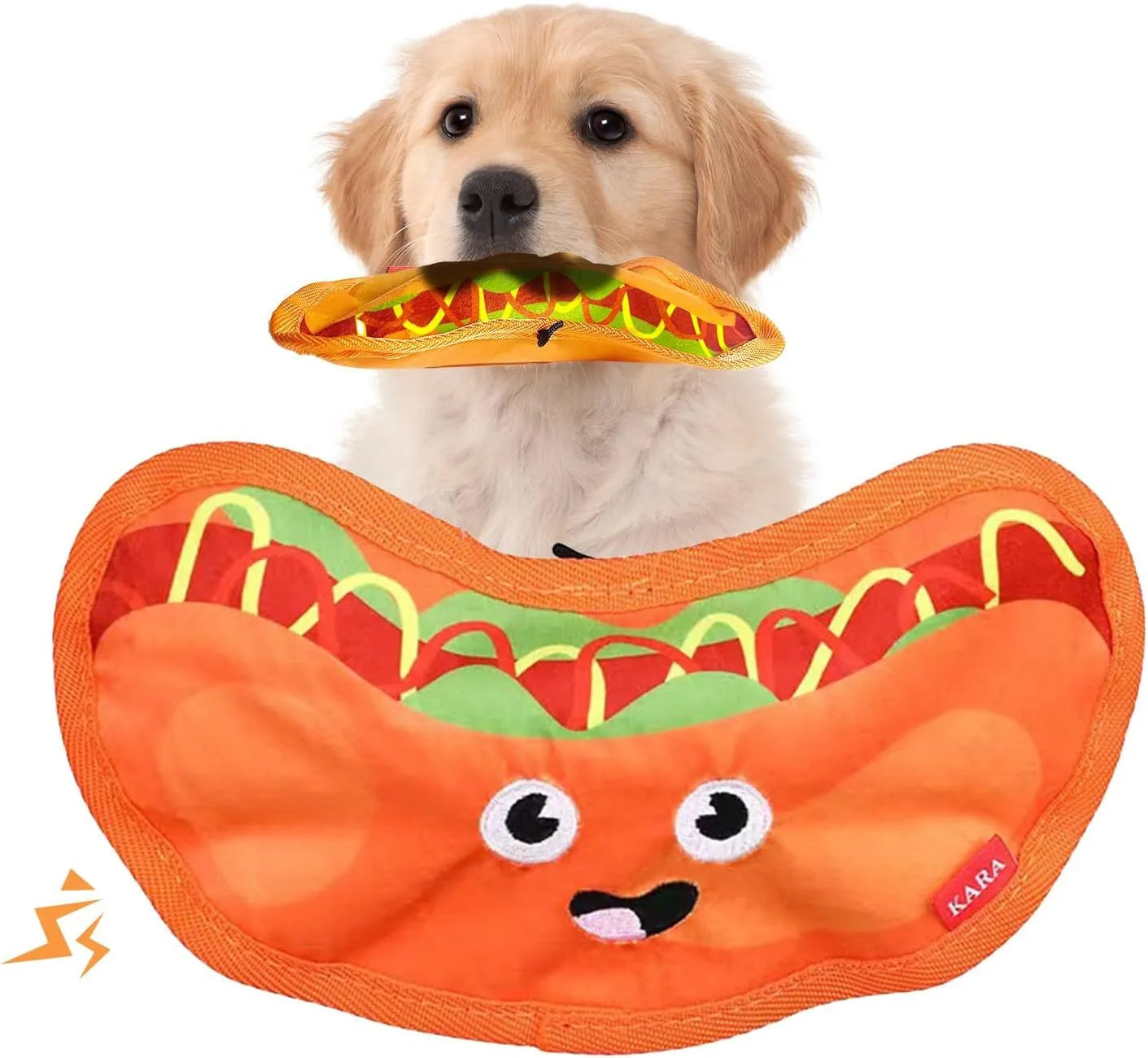 Hamburger-shaped crinkle and squeaky dog toy with vivid colours for puppies and dogs