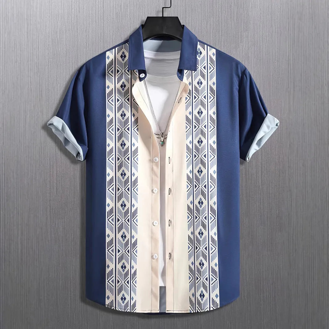 Men's plaid short-sleeve shirt with contrast lapel, shown in a loose cardigan style.