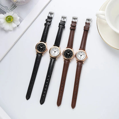 Retro round watch with 26mm dial, 8mm alloy case, and imitation leather strap with pin buckle