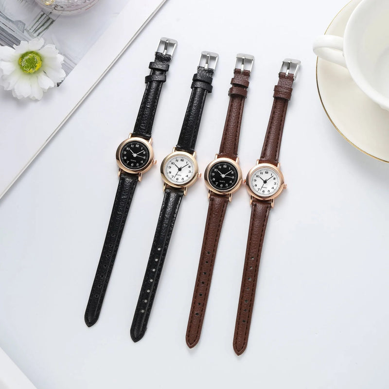 Ladies' Retro Quartz Watch with Round 26mm Dial, 8mm Thin Alloy Case, Imitation Leather Strap, Pin Buckle, Stainless Steel Case Back, Spiral Crown, Korean Literary Style for Students and Couples