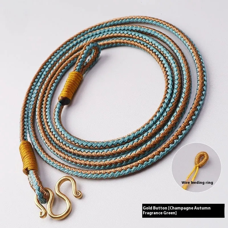 Thangka Peace Buckle necklace made from imitation pearl with a mixed gem inlaid pendant, available in gold or silver colour with a perimeter between 71cm and 80cm, a unisex accessory for a traditional Tibetan-inspired style.
