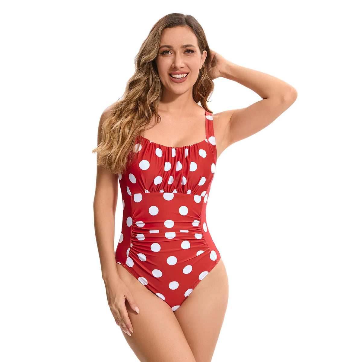 Women's one-piece swimsuit in multicolour prints including leopard print, navy blue and red, sizes S to XXL