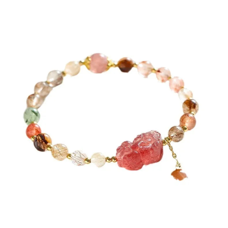 Women's strawberry quartz crystal bracelet with Pixiu charm and freshwater pearls on copper components