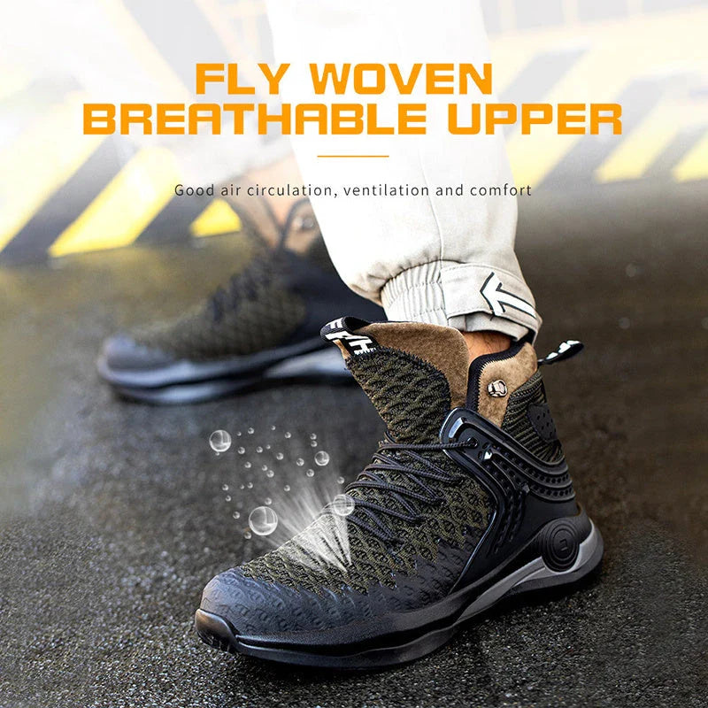 Durable steel-toe work boots with breathable mesh and leather uppers, shock-absorbing midsole, and puncture-resistant outsole