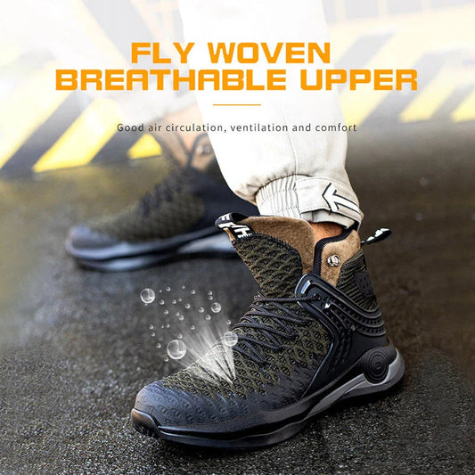 Durable steel-toe work boots with breathable mesh and leather uppers, shock-absorbing midsole, and puncture-resistant outsole