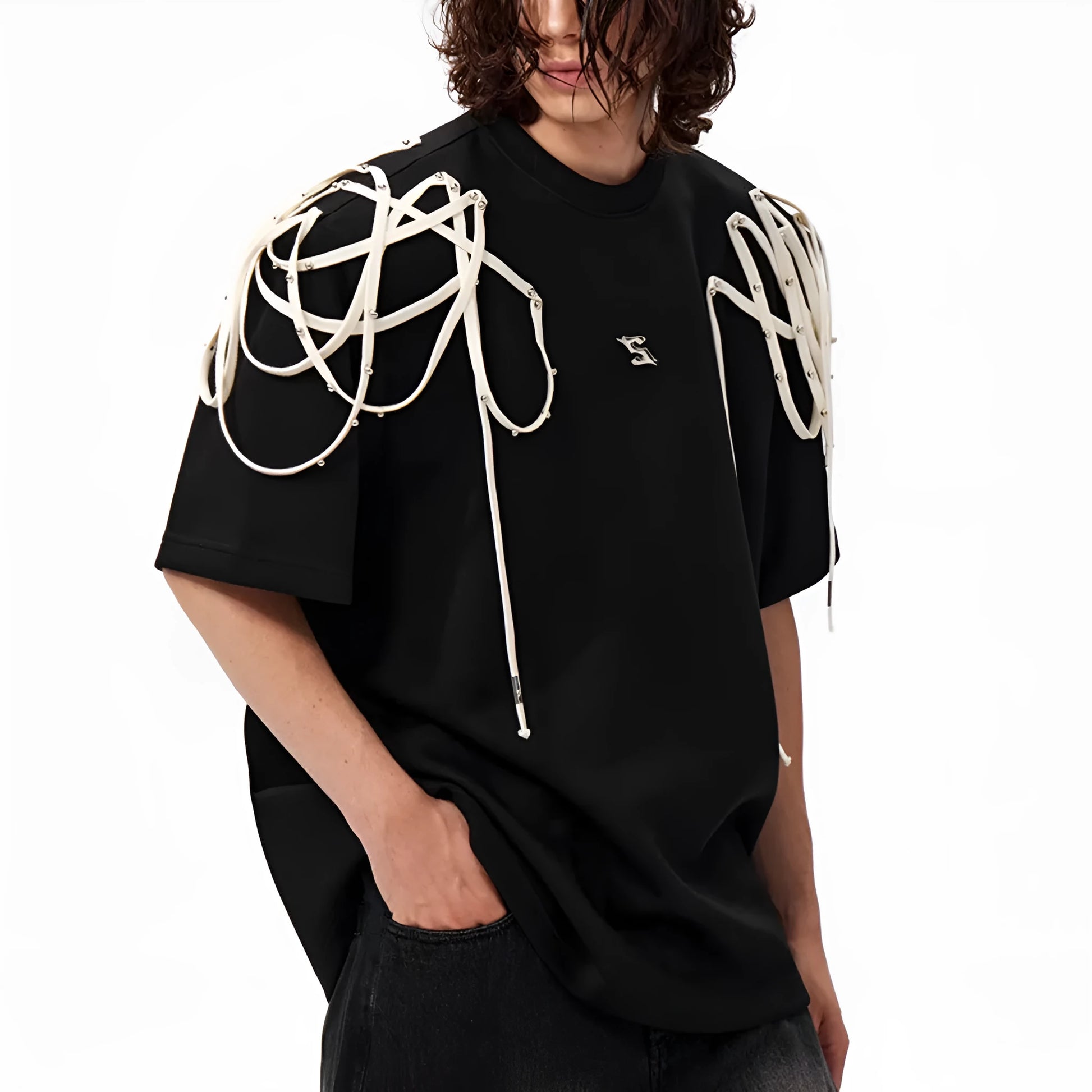Black loose fit short sleeve T-shirt with rivet ribbon padded shoulder detail and round neck