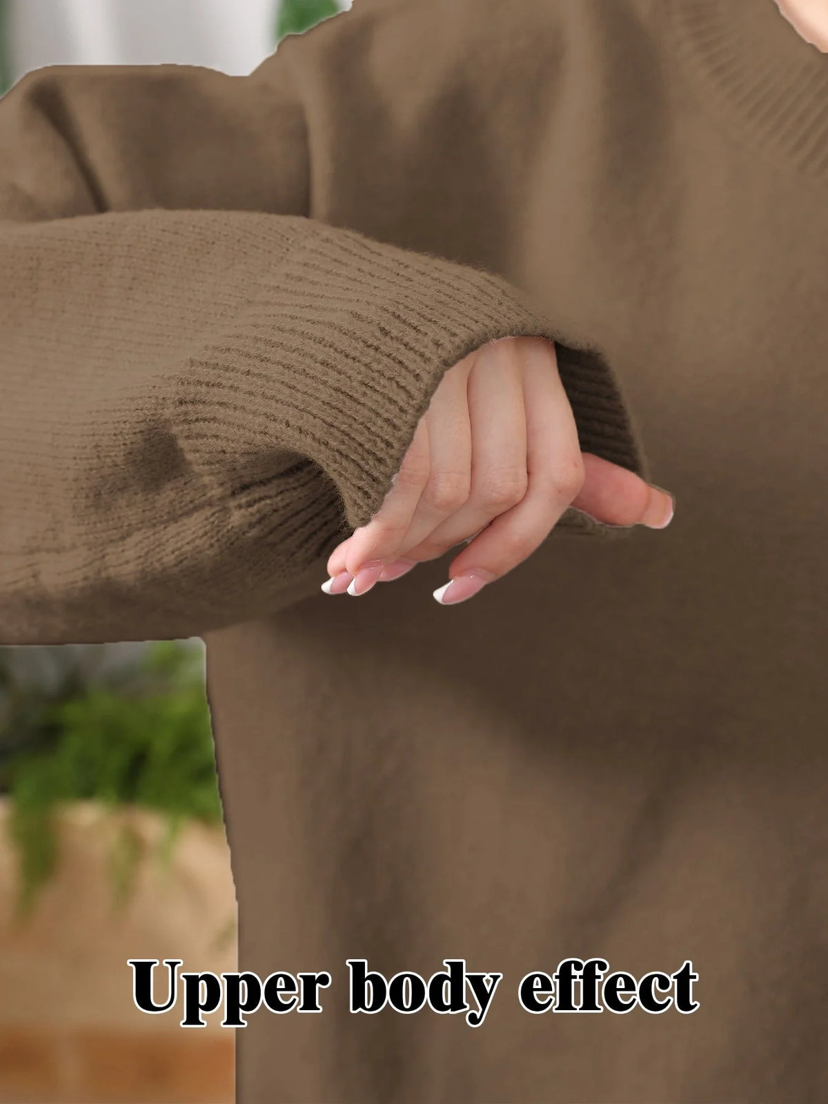 Women's home clothing set in brown camel, soil grey, and light grey