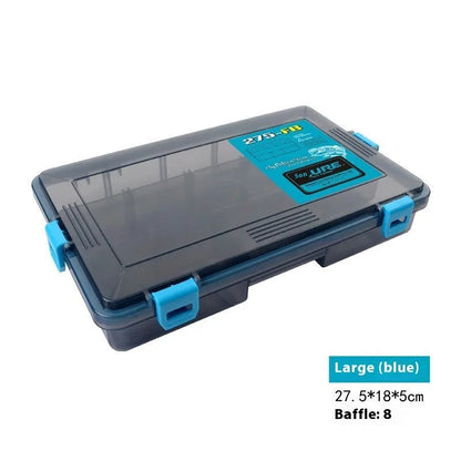 Blue waterproof PP plastic fishing lure storage box with lid open, showing single compartment.