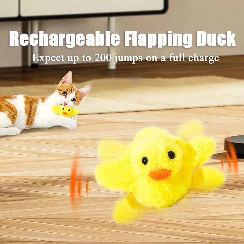 Yellow electric flapping duck cat toy with vibration sensor and USB-C charging cable