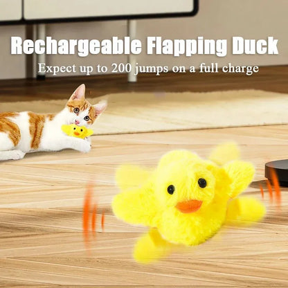 Yellow electric flapping duck cat toy with vibration sensor and USB-C charging cable