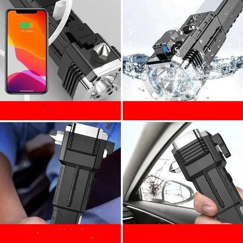 Portable Power Bank LED Emergency Work Strong Light with built-in battery for hiking camping self-defense patrol and night riding, splash resistant IP44 rated, plastic shell construction, silver colour option