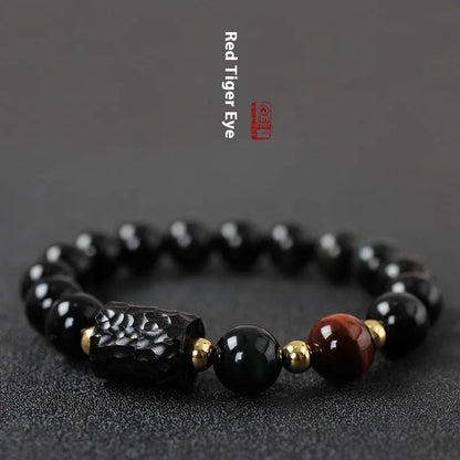 Handcrafted obsidian and tiger eye bead bracelet with 10mm diameter stones