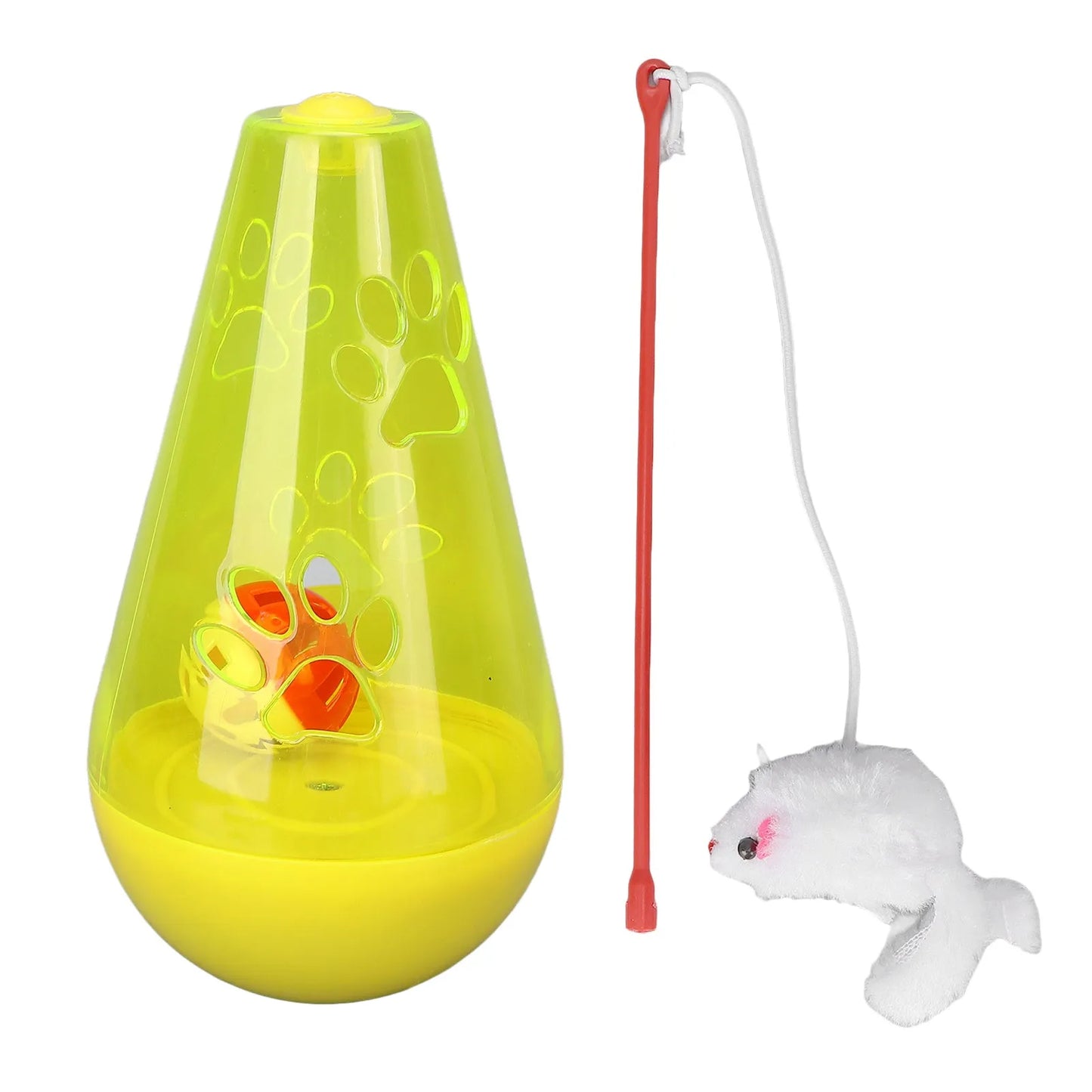 Blue and yellow cat toy with bell ball and plush mouse wand for indoor play