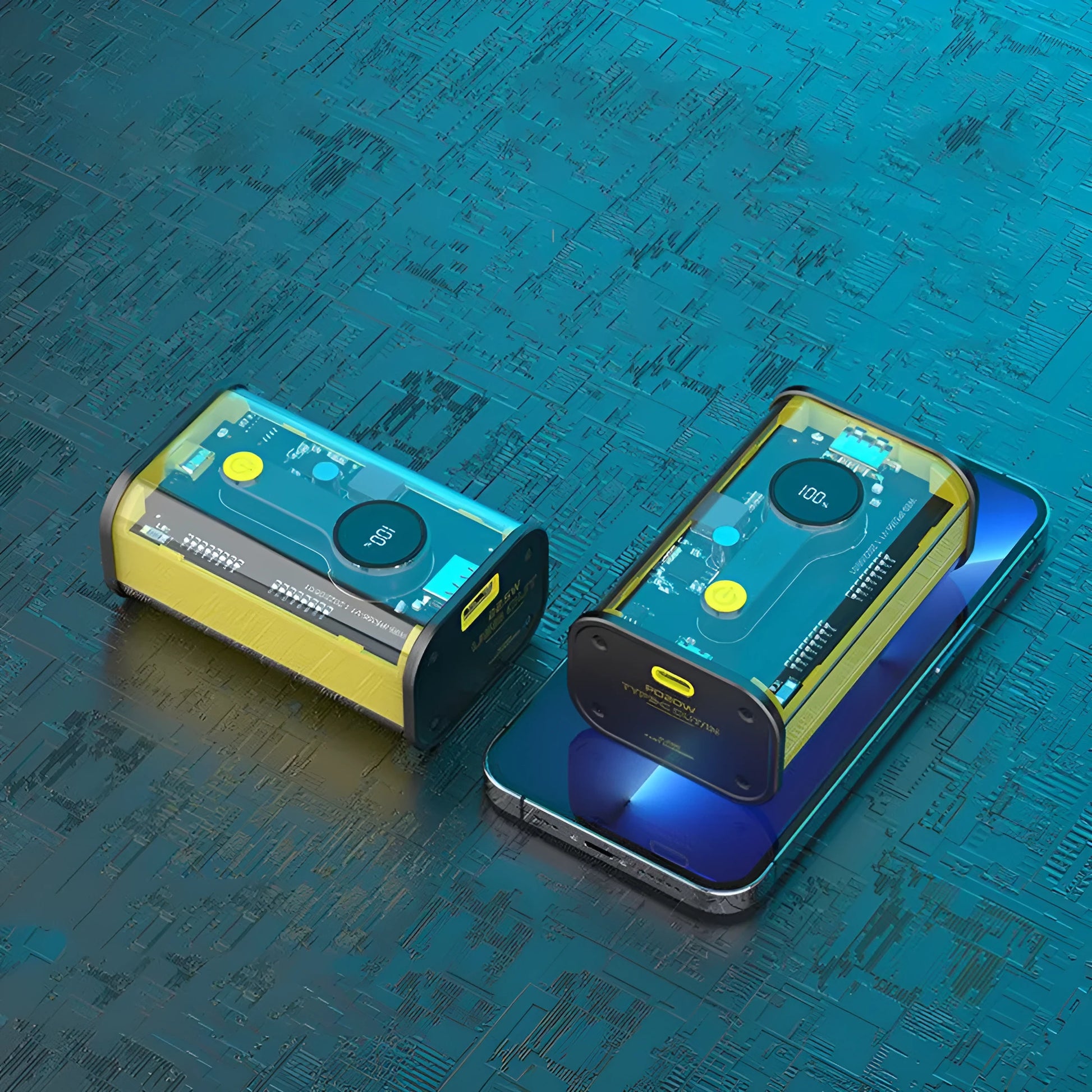 Transparent industrial power bank showing internal battery cells with 10000mAh capacity