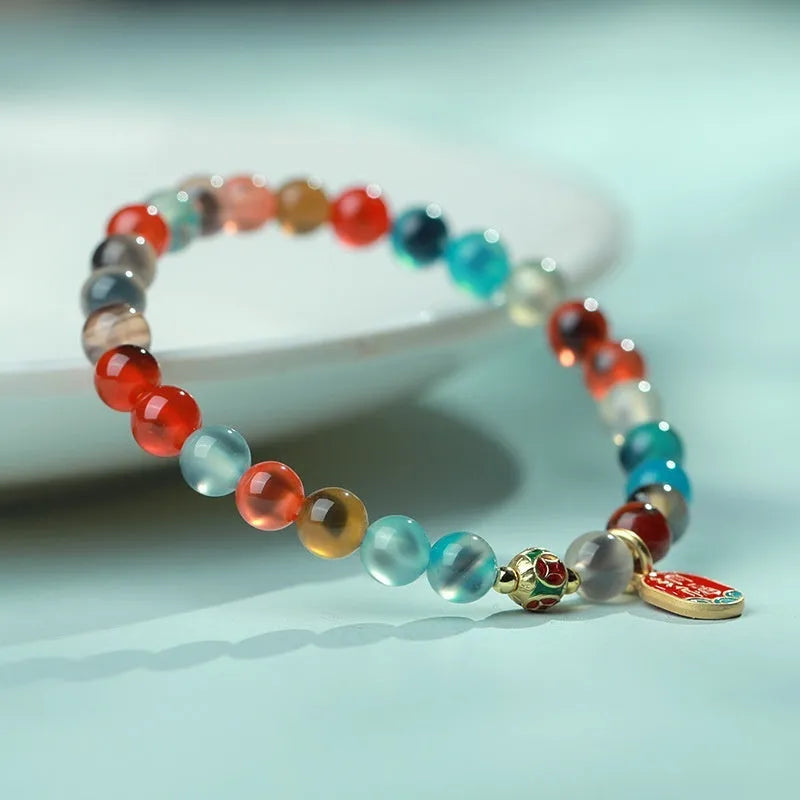 Women's natural agate snake bracelet with Chinese traditional patterns in 6mm or 8mm size