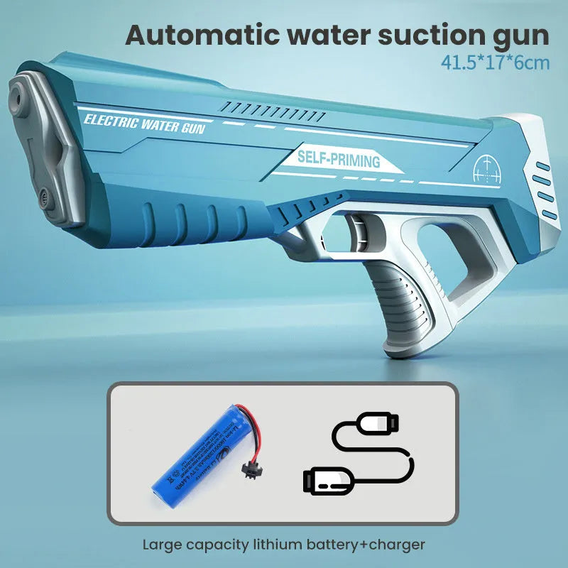 Blue electric water gun with anti-skid grip handle and USB charging port