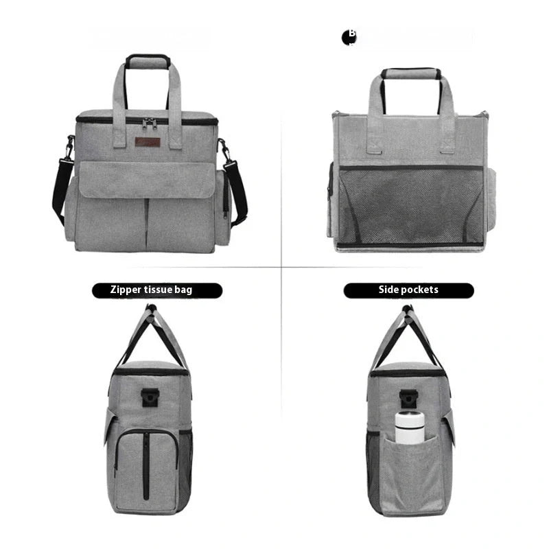 Gray dog travel bag kit with removable divider and multiple carrying options