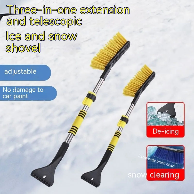 Yellow telescopic car snow scraper brush with thickened plastic snow ploughing blade for winter defrosting