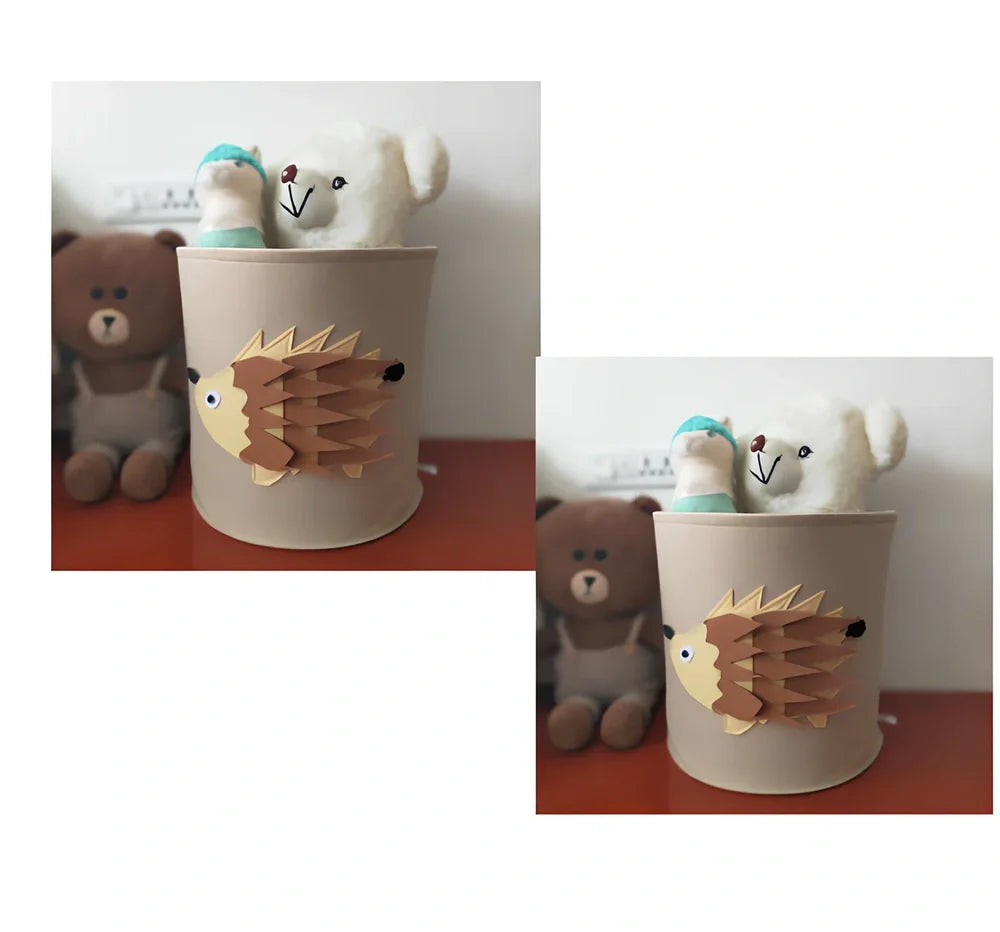 Cartoon elephant felt storage basket, 29cm diameter x 30cm height, lightweight toy organiser in grey with printed design
