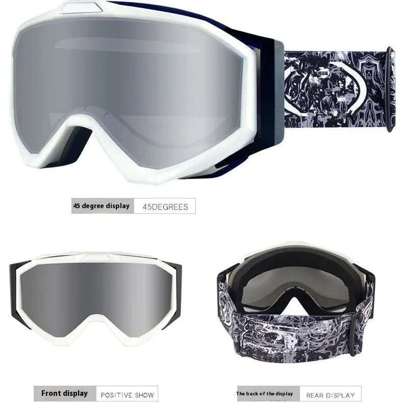 Motorcycle goggles with double-layer anti-fog lens and black TPU frame on a storage cloth bag.