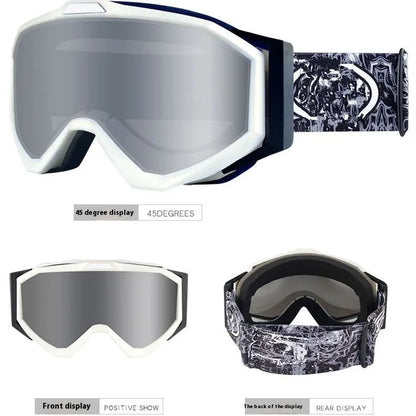 Motorcycle goggles with double-layer anti-fog lens and black TPU frame on a storage cloth bag.