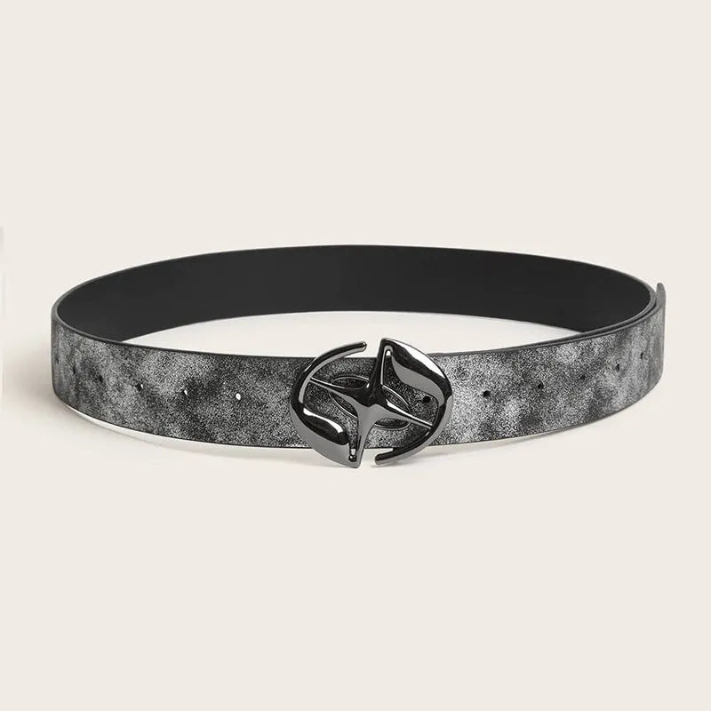 Retro thick women's belt with oval alloy buckle in earth style grey white colour