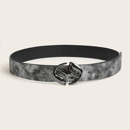 Retro thick women's belt with oval alloy buckle in earth style grey white colour