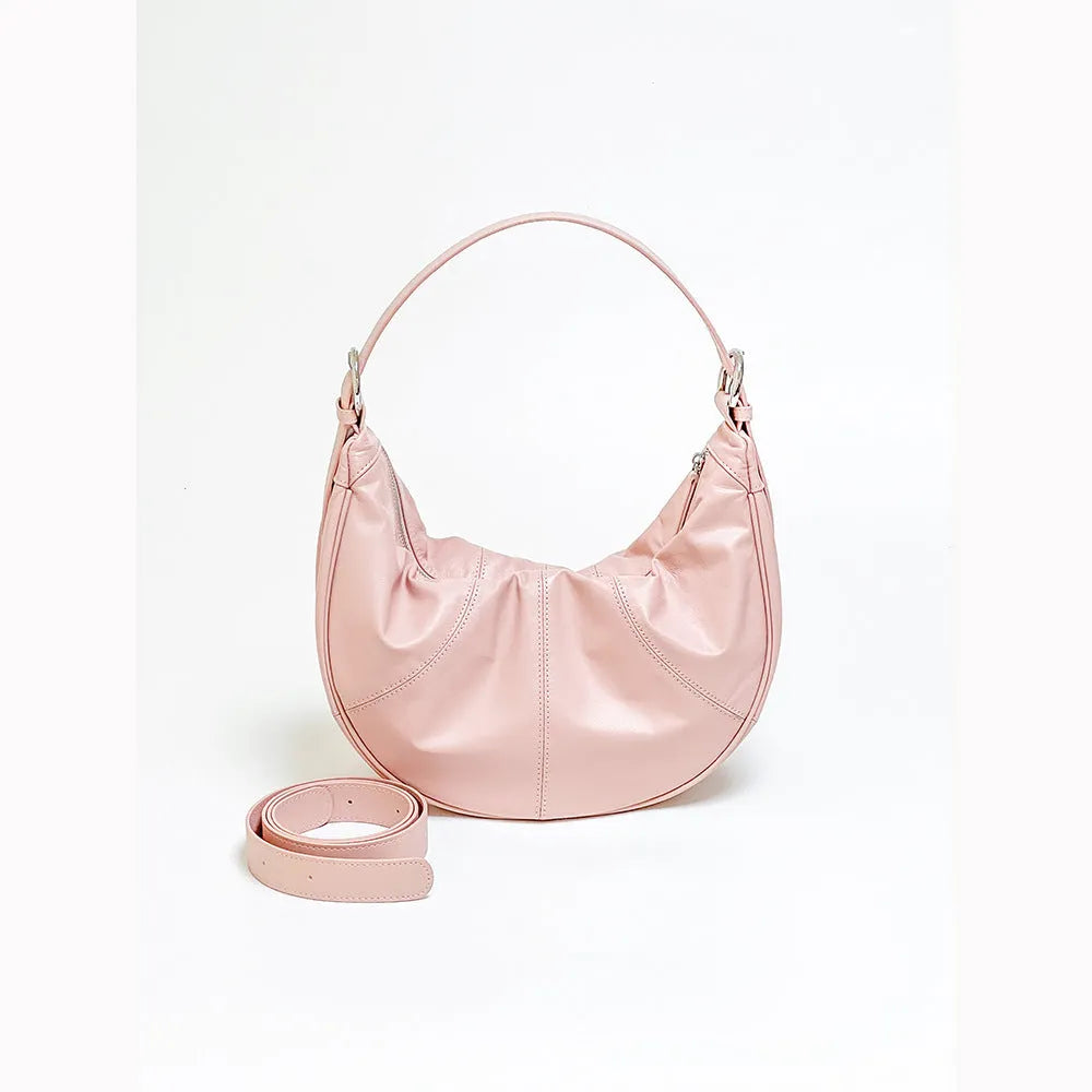 Women's genuine leather shoulder bag with dumpling shape and sandwich pocket in four colour options