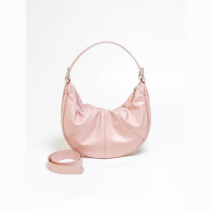 Women's genuine leather shoulder bag with dumpling shape and sandwich pocket in four colour options