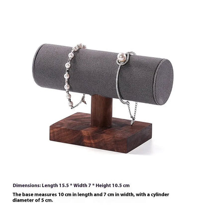 Walnut antique I-shaped wooden bracelet display stand with choice of velvet, leather or grey cylinder bases