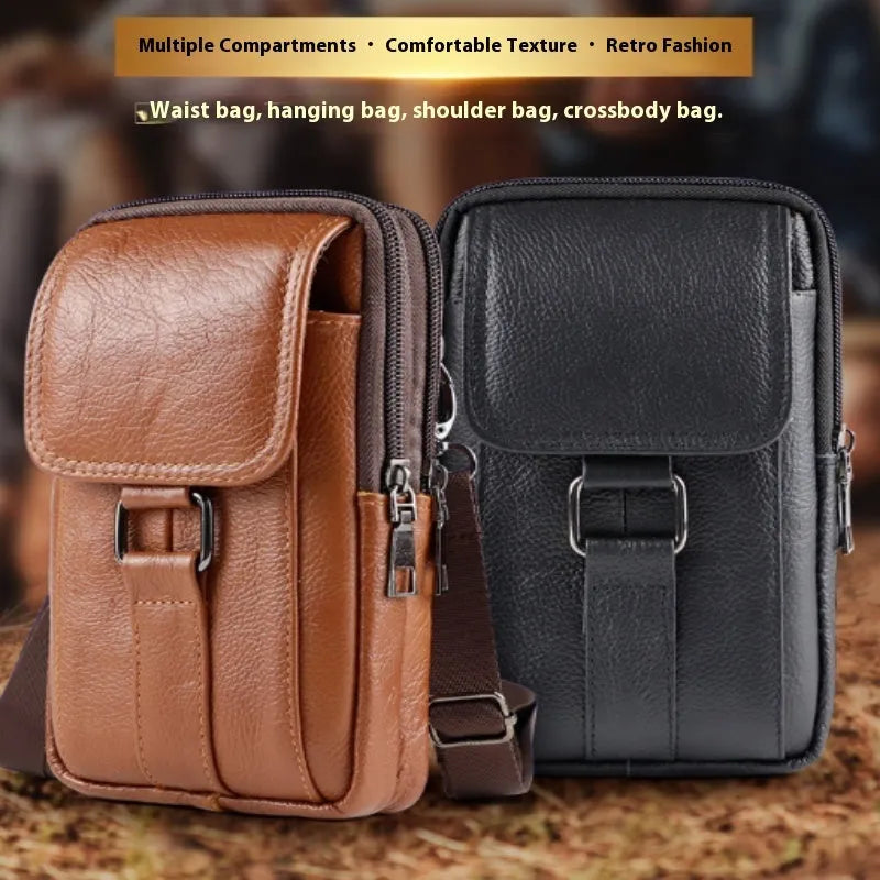 Men's genuine leather crossbody waist bag with lock feature and coin pocket in vertical square shape