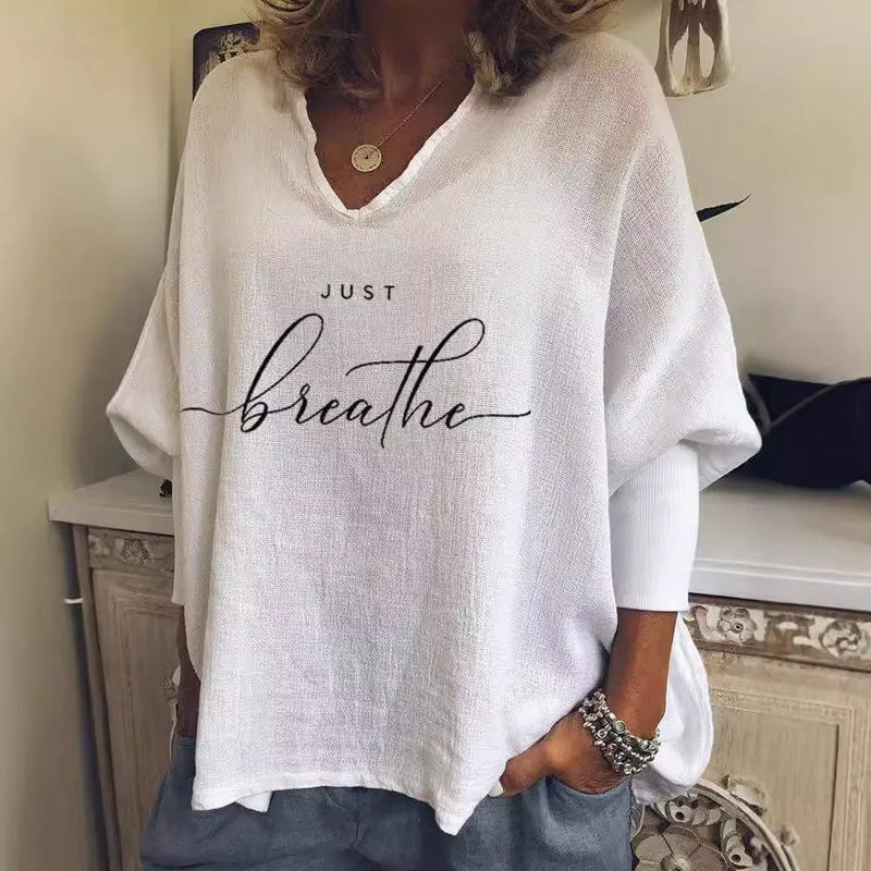 Women's Loose Fit V-Neck Long Sleeve Top in Brushed Milk Silk with Digital Printing - Summer Casual Streetwear Hipster Style Available in Multiple Colours and Extended Sizes from 2XS to 4XL