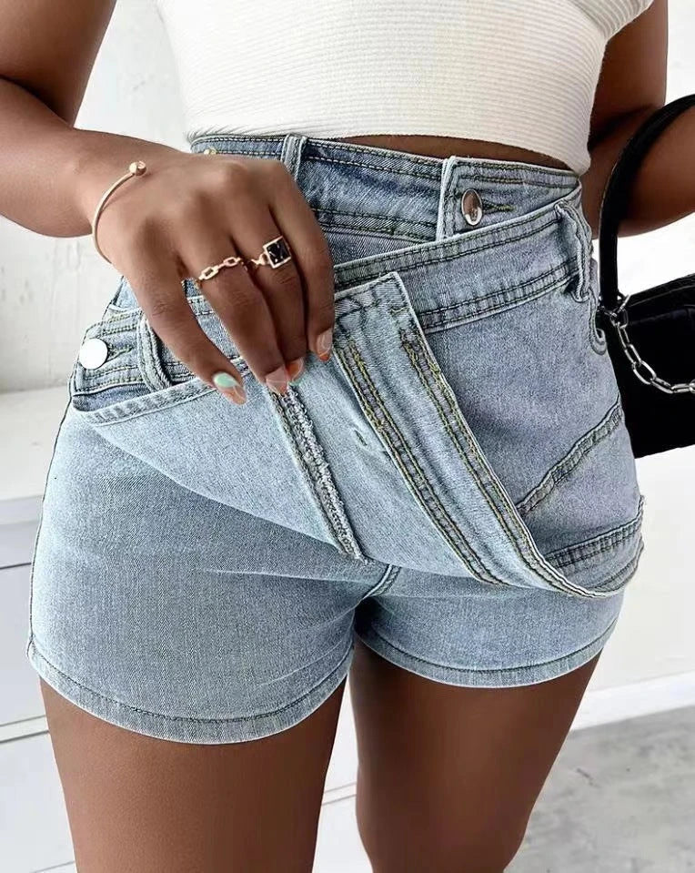 Stylish Y2K denim shorts with asymmetrical hem, available in dark blue, light blue, grey, and black colors in sizes S-5XL