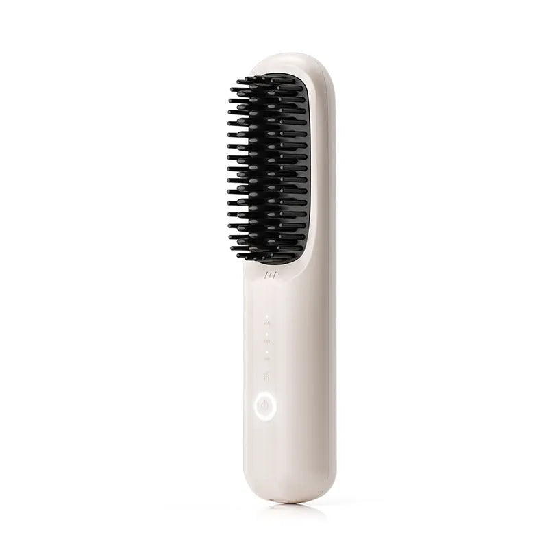 Anion wireless hair straightening comb for detangling and styling, lithium battery powered with Type-C charging, 35W rated power for soft hair care, available in beige, pink, purple, and black colour options.