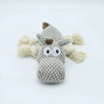 Grey donkey-shaped plush dog toy with cloth velvet material showing creaking sound feature