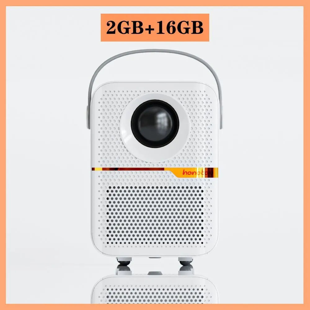 Black P10 2023 mini portable LCD projector with Android OS on a wooden table.