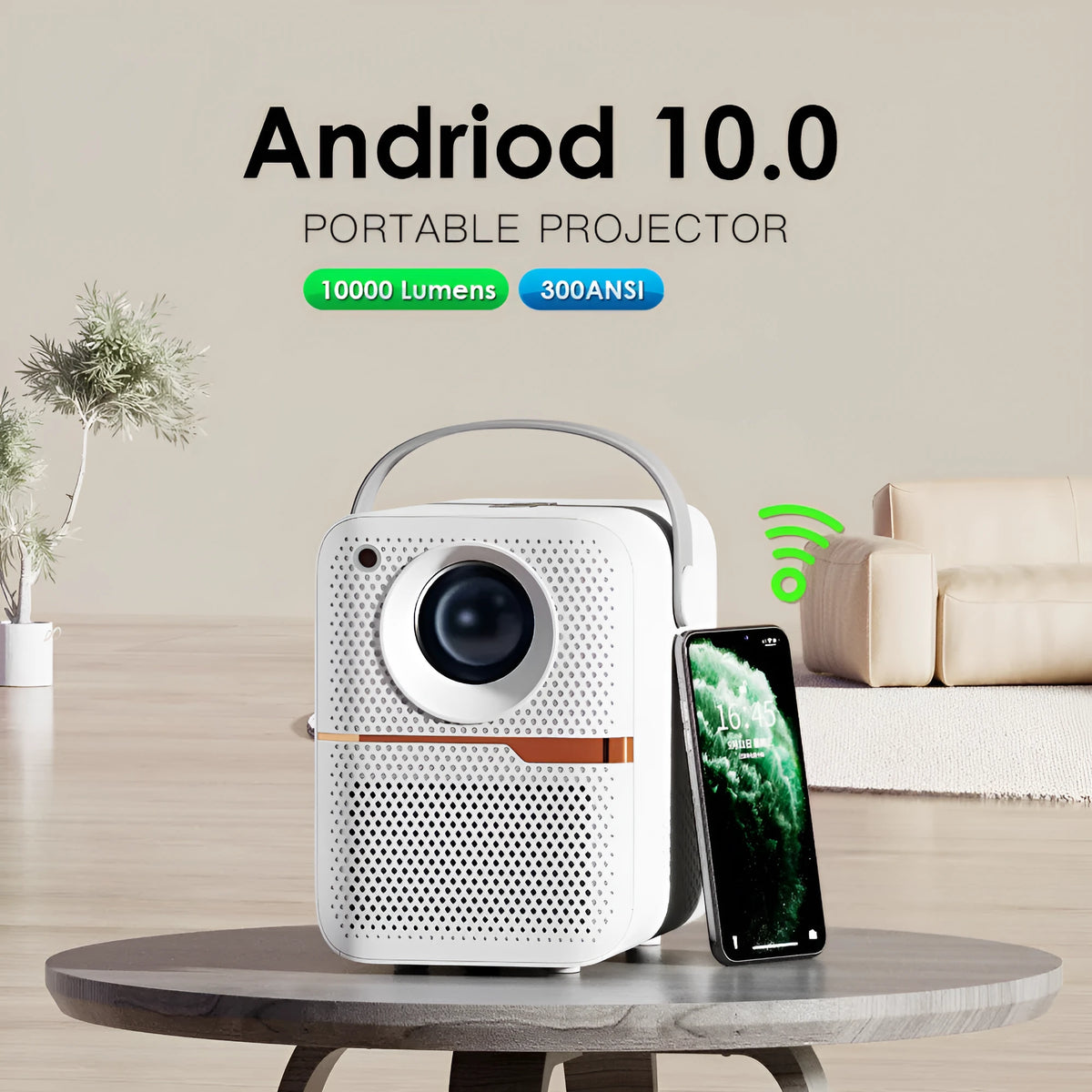 Black P10 2023 mini portable LCD projector with Android OS on a wooden table.