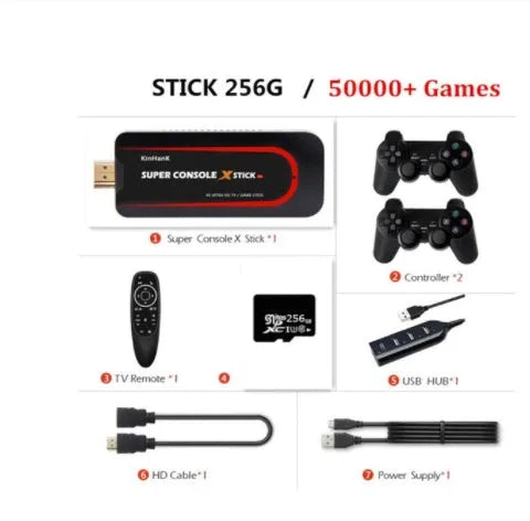 64-bit retro game console with HDMI port showing memory options of 64G, 128G and 256G