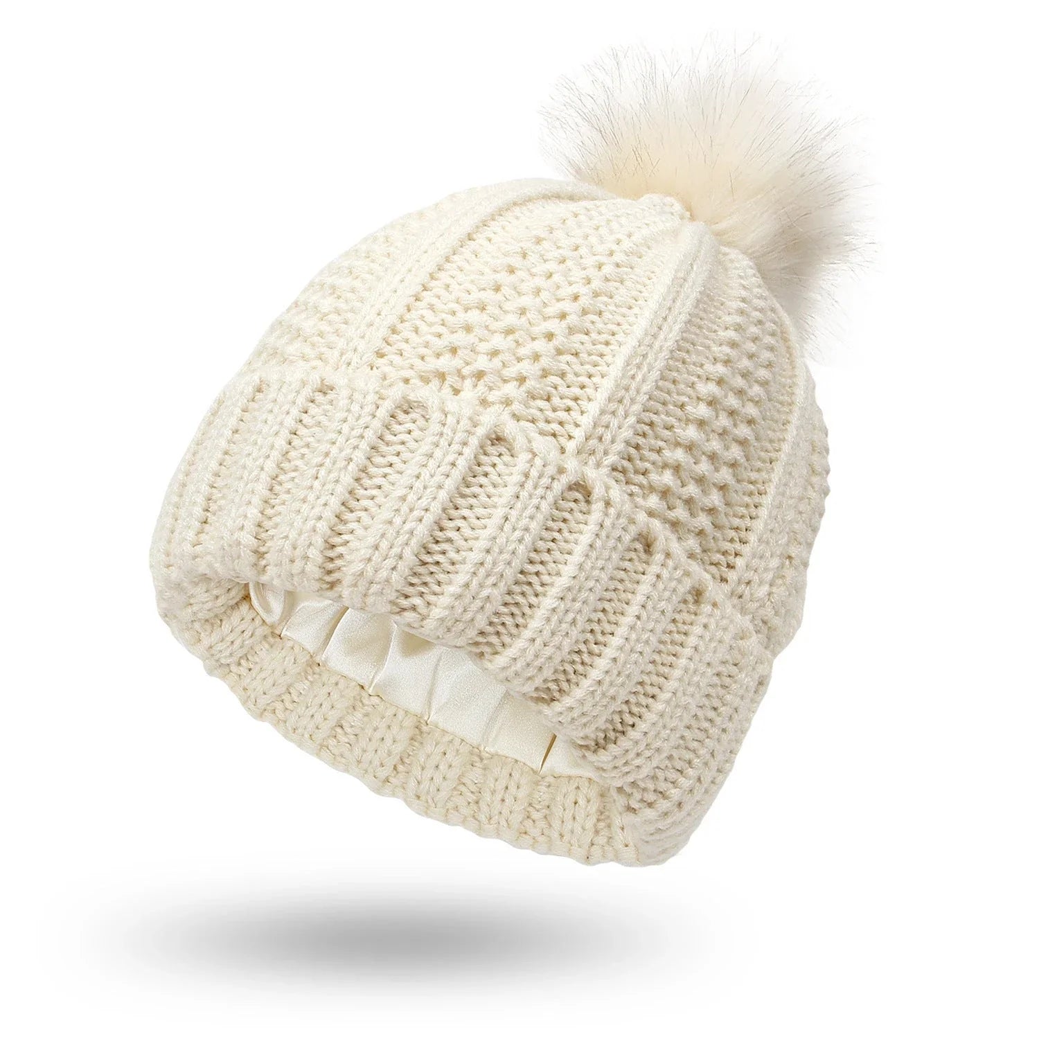 Cozy Satin-Lined Knit Beanie Hat with Faux Fur Pom Pom in Multiple Colors