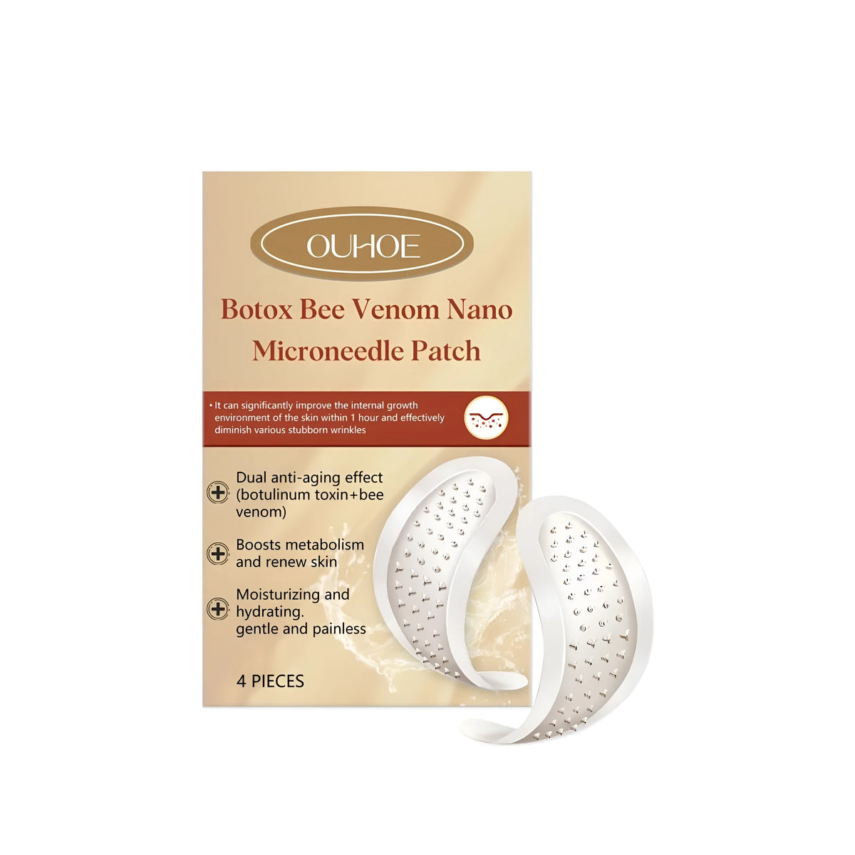 Four dissolvable nano micro-needle skincare patches on a white background.