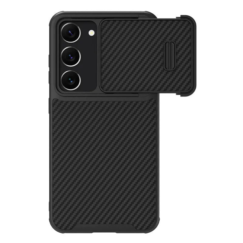 Black Samsung Galaxy S23 Ultra mobile phone case with integrated lens push cover made from TPU, PC, and carbon fibre.