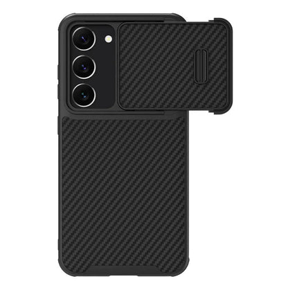 Black Samsung Galaxy S23 Ultra mobile phone case with integrated lens push cover made from TPU, PC, and carbon fibre.