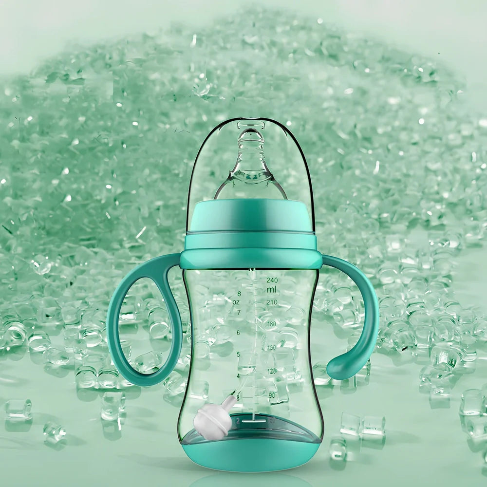 Blue PP baby feeding bottle with curved handles, 240mL capacity, wide calibre, transparent BPA-free design for easy cleaning