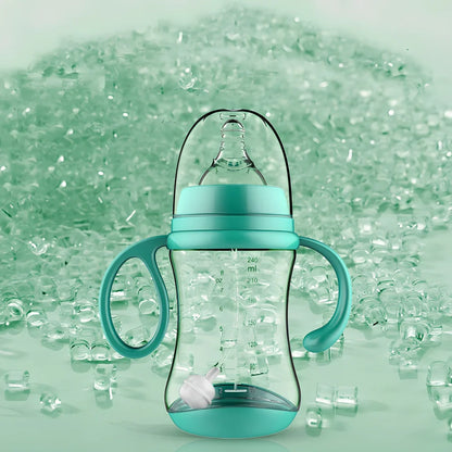 Blue PP baby feeding bottle with curved handles, 240mL capacity, wide calibre, transparent BPA-free design for easy cleaning