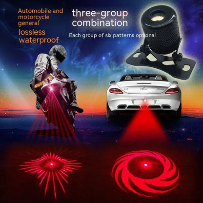 Aluminium laser fog lamp for car or motorcycle with red beam and mounting hardware.