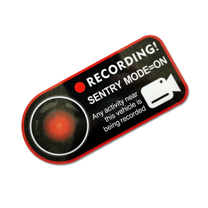 Tesla Sentry Mode warning stickers designed for Model 3, Model Y, Model S and Model X, made from PVC material, sized at 11x5cm per sticker, electrostatic application for non-damaging installation, with a two-sticker pack in English warning text version.