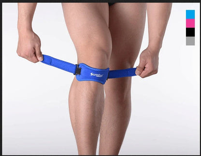 Adjustable patella brace in black, white, blue, and pink for knee support and injury prevention