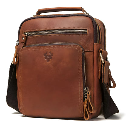 Men's brown Crazy Horse leather retro crossbody bag with single shoulder strap